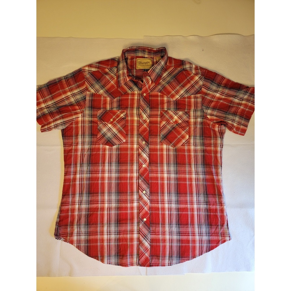 XL Wrangler Men's Short-Sleeve Pearl Snap Western Shirt Red Plaid